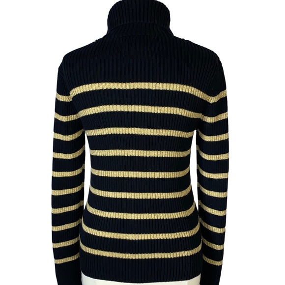 Ralph Lauren Vintage Black Metallic Gold Striped Shawl Collar Gold Clasp Sweater - Picture 3 of 7